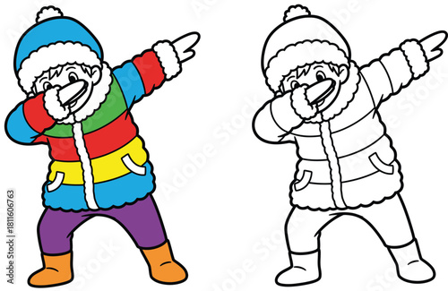 Cool cartoon boy in winter clothes doing the dab dance pose Vector illustration of a happy kid.