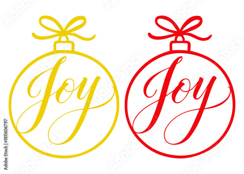 Logo con texto manuscrito Joy en bola de navidad en colores rojo y dorado, para tarjetas y felicitaciones de Navidad