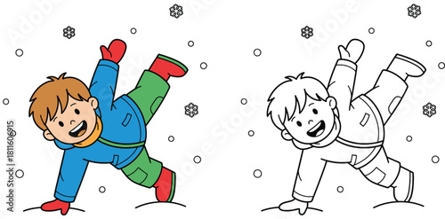 Happy boy playing in snow doing a cartwheel Winter vector illustration of a smiling kid in warm clothes