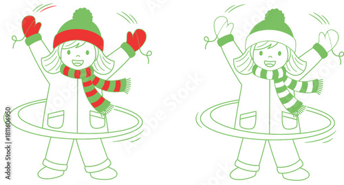 Happy cartoon girl playing with hula hoop wearing winter clothes Vector illustration of a kid having fun Coloring book page outline and simple color version.