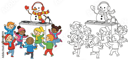 Happy cartoon kids dancing with snowman DJ at winter party. Vector illustration of children having fun Coloring book page outline and colored version.