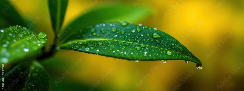 Fototapeta premium Close-up of a vibrant green leaf adorned with water droplets or dew