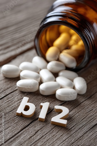 Close-up view of white Vitamin B12 pills spilling from a brown bottle