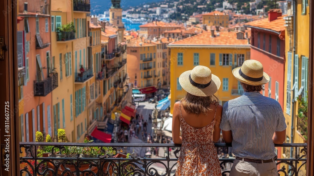 Obraz premium Couple in straw hats gazing upon a colorful European city from a balcony
