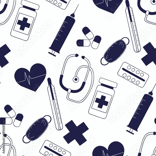 Medical - themed seamless pattern featuring stylish icons and symbols associated with heathcare, medicine and wellness