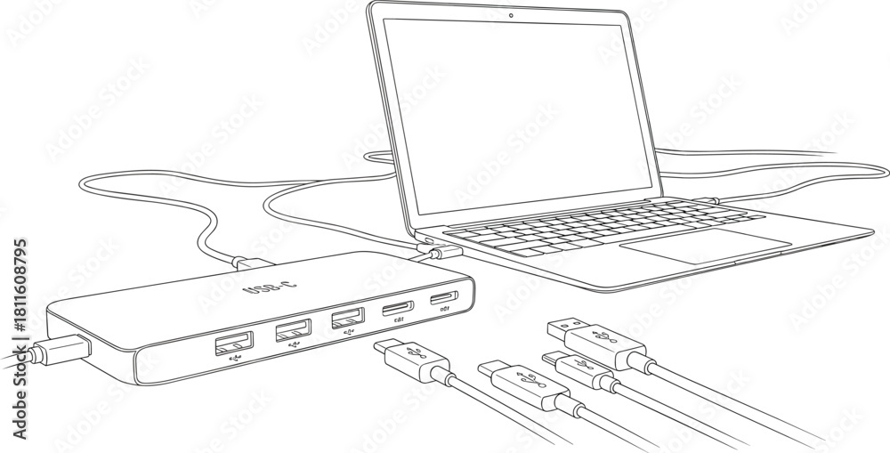 Obraz premium USB-C hub with laptop connection, multiple ports, USB cables, HDMI, SD slot, digital line drawing illustration