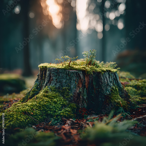 a stump in the moss in the forest