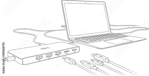 USB-C hub with laptop connection, multiple ports, USB cables, HDMI, SD slot, digital line drawing illustration