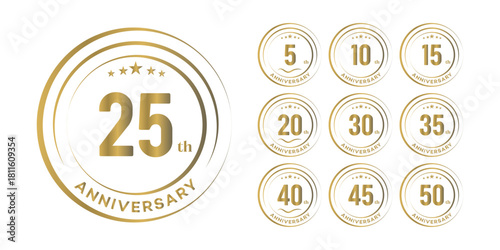 Gold Anniversary Badges 5, 10, 15, 20, 25, 30, 35, 40, 45, 50  Premium Vector Set