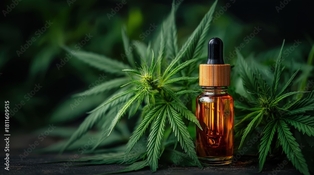 Fototapeta premium A small amber glass bottle with a dropper of CBD oil among cannabis leaves