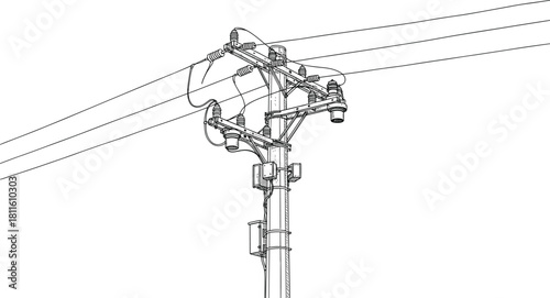 Utility pole infrastructure, electrical distribution system, power lines, insulators, connectors, technical blueprint, engineering structure, monochrome illustration