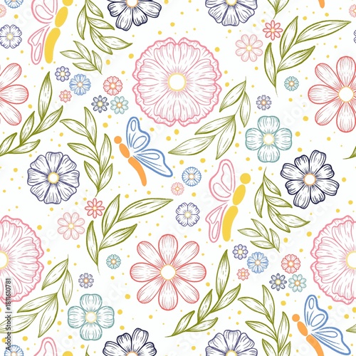 Colorful seamless floral pattern featuring intricate designs of blooming flowers and lush green foliage