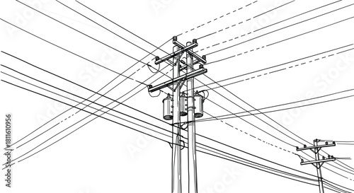 Utility pole infrastructure, electrical wires, transformers, urban grid, power lines, energy distribution, industrial network, voltage system, cityscape, engineering, overhead cables