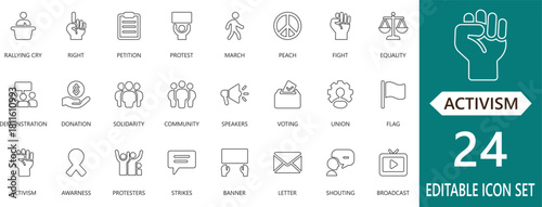 Minimal activism stroke icon set featuring protest symbols, awareness signs, community actions, social justice elements, and advocacy visuals.