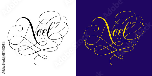 Logo de Navidad. Grupo de mensajes Noel con florituras de adorno para tarjetas y felicitaciones