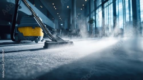 Deep carpet steam cleaning with a visible vapor effect and dramatic lighting.