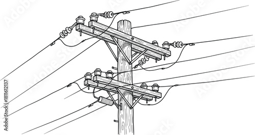 Utility pole with crossarms, insulators, wires, transformer, power distribution infrastructure, blue monochrome, electrical grid, energy transmission system