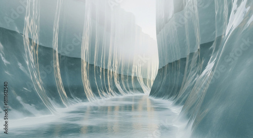 Fototapeta Naklejka Na Ścianę i Meble -  Ice Canyon Tunnel: Surreal Frozen River Pathway

Glacier Cave with Smooth Walls and Misty Light

3D Render of a Fantasy Winter Passage