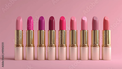 Collection of colorful lipsticks on a pink background for beauty concept