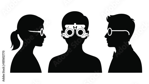 Vision test, eye care, people with glasses