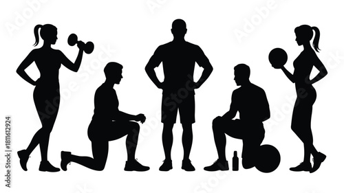 Active people exercising silhouettes set