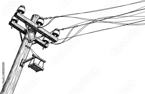 Utility pole, electrical wires, power distribution, insulators, crossarms, infrastructure, energy transmission, engineering, overhead lines, rural grid, voltage, maintenance bracket