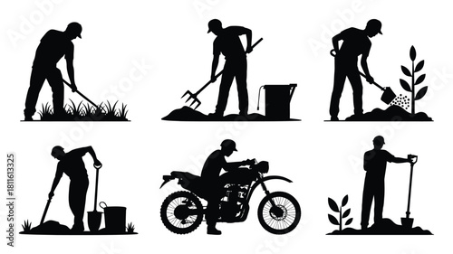 Gardening, farming, worker and biker set