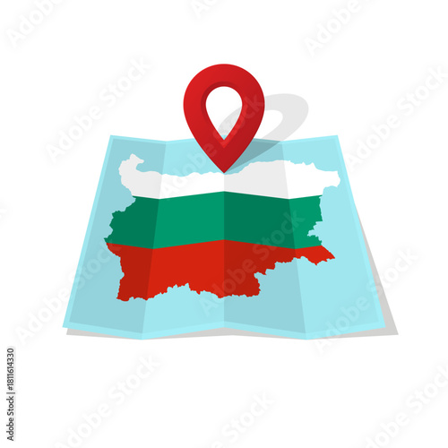 Stylized map of Bulgaria with national flag colors and a red location pin, symbolizing travel or destination.