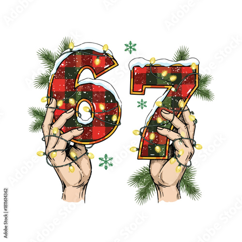Christmas Buffalo Plaid 67 Illustration – Festive Numbers Wrapped in Lights with Hands & Pine Accents