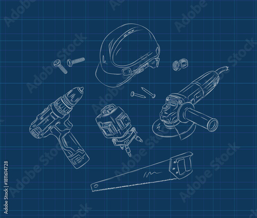 Powerful rotary hammer and regular drill set drawing in graphic style on blue background