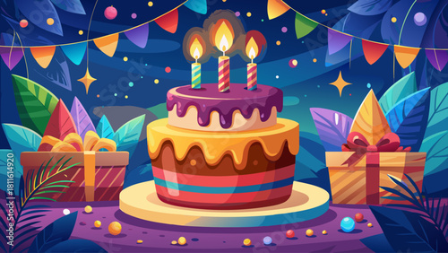 A cozy and festive scene featuring a smooth buttercream cake, lit “Happy Birthday” candles, and a dreamy blurred backdrop, emphasizing celebration and warmth