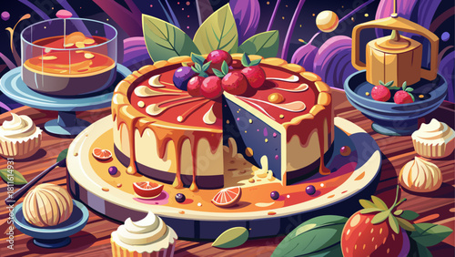 A mouthwatering dessert scene capturing the rich, velvety cheesecake filling, crisp crust, and subtle reflections, highlighting indulgence and culinary detail