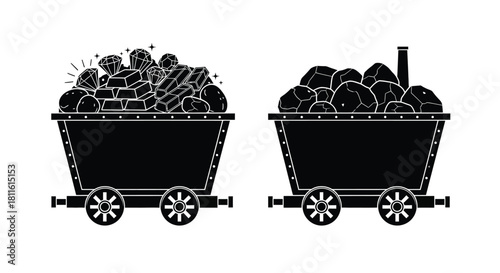 Two black and white illustrations of mining carts filled with coal or rocks