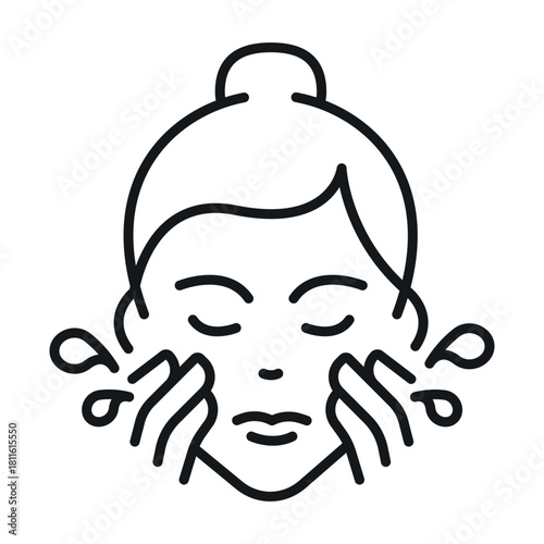 Icon of girl washing her face with gentle movements for skin care at home.
