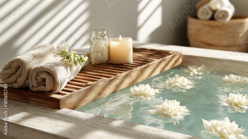 Relaxing spa bath with candlelight and floating flowers for tranquil meditation,Bathtub Party Day