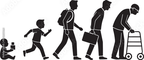 Human Life Cycle Stages Silhouette
A black and white vector illustration depicting the sequential stages of the human life cycle. Silhouettes show the progression from a baby (infant), 