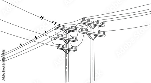 Utility poles with power lines, birds perched on wires, monochrome blue illustration of electrical infrastructure and urban network