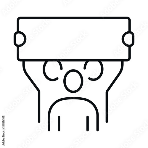 Protest icon in black and white vector showing a person holding a sign above their head during a demonstration