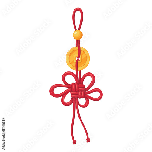Bright red traditional Chinese knot design with gold coin symbolizing good luck and prosperity