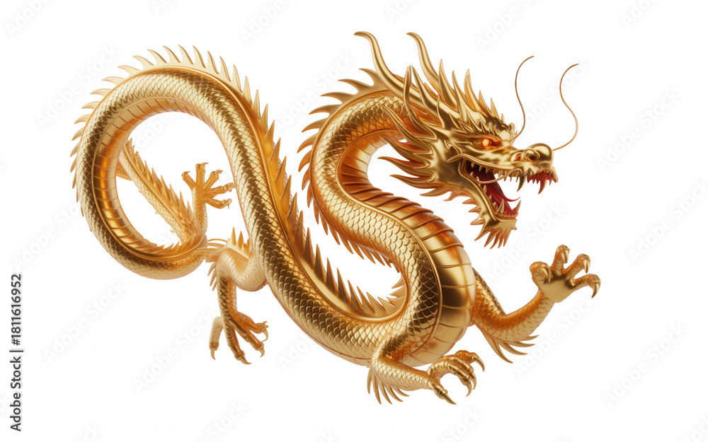 Fototapeta premium Majestic golden dragon with red eyes coiled against transparent background black background mythical