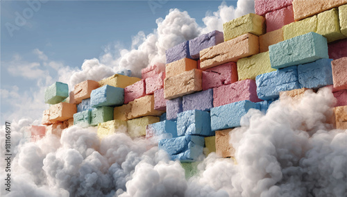 Colorful Brick Wall with Clouds Abstract Dreamlike and Whimsical Concept