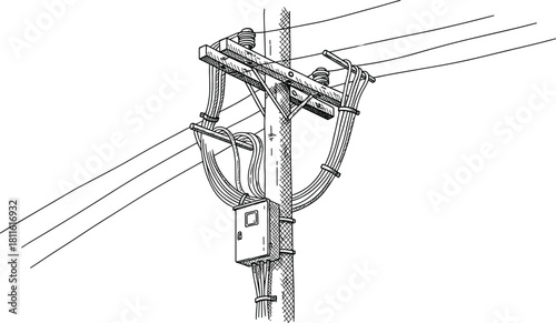 Utility pole with electrical cables, insulators, crossarm, distribution box, power lines, infrastructure, grid system, urban energy network