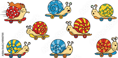 Cartoon snails riding skateboards, colorful shells, playful expressions, whimsical characters, fun animal illustration, quirky motion concept
