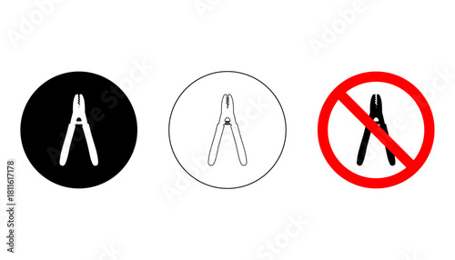 Pliers icon set displayed in filled, outline, and banned circular designs. Suitable for hardware, tools, repair, construction, and workshop graphics