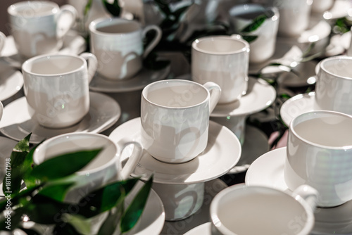 A neat arrangement of stacked white porcelain coffee cups and saucers on a table, accented with fresh green foliage. Perfect for catering or break service themes
