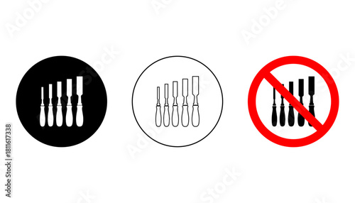 Set of Wood Chisels Silhouette and Outline and Banned Icons Isolated on White Background