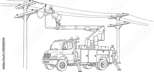 Utility truck, boom lift, power line repair, electrical maintenance, lineman, safety equipment, service vehicle, infrastructure, technician, elevated bucket, hydraulic arm, utility pole