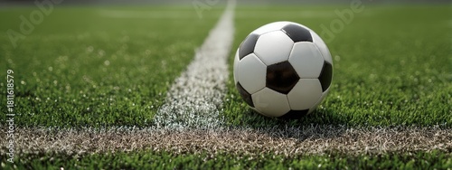 A soccer ball sitting on a green field with white lines