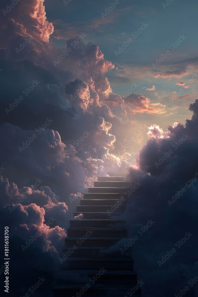 Fototapeta premium A staircase rising through the clouds leading to a dramatic, bright sky