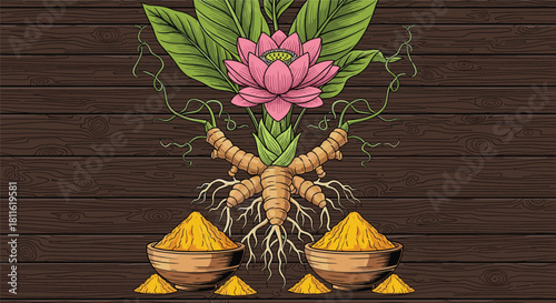 Turmeric roots and powder with lotus flower, herbal wellness concept, natural healing, organic ingredients, traditional medicine illustration